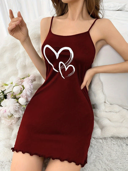 Women's Fashion Dark Red Heart Shape Printed Nightdress - Comfortable Polyester Fiber and Elastic Fiber Blend，round Neck，Opaque，Cartoon Design，Four Seasons Pajamas，Strapless