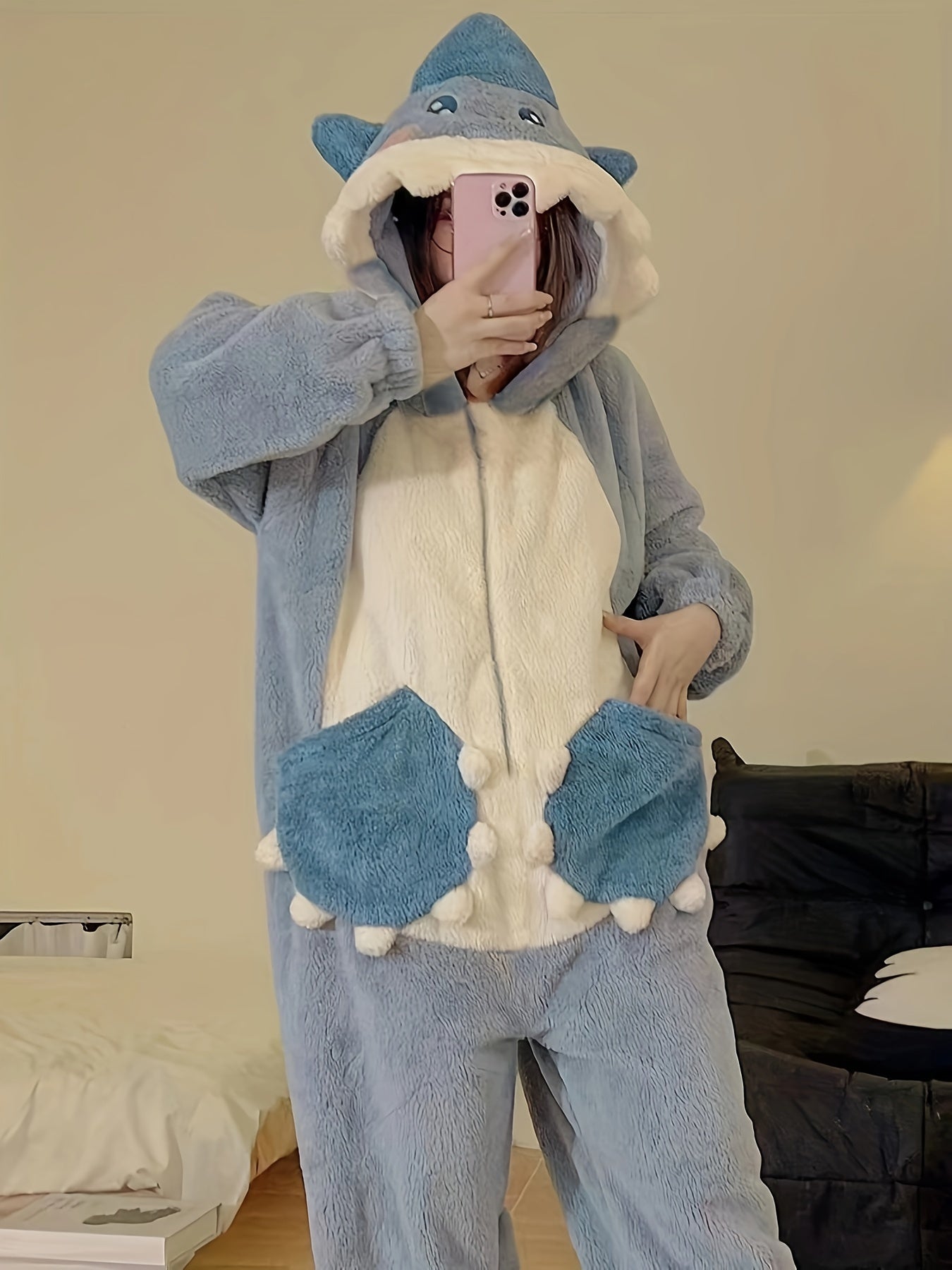 Women's Autumn and Winter Style Cute Shark Cartoon One-Piece Pajama，Coral Fleece Thickened Warm Hooded Tracksuit，Can Be Worn outside