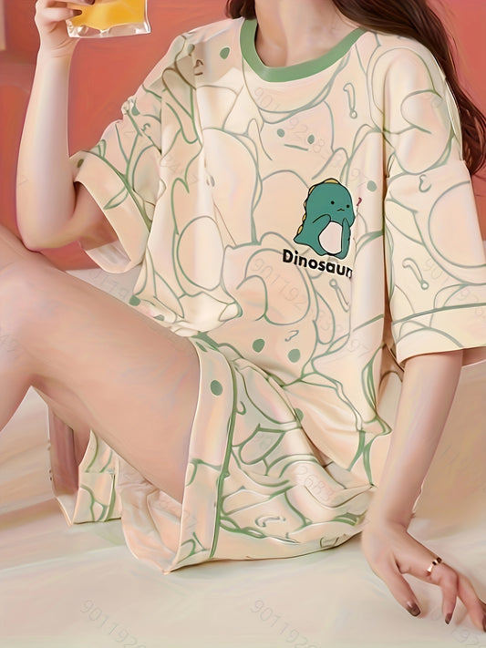 Cartoon Dinosaur Print Pajamas Suit，Cute Short Sleeve round Neck Top and Shorts，Women's Pajamas and Homewear