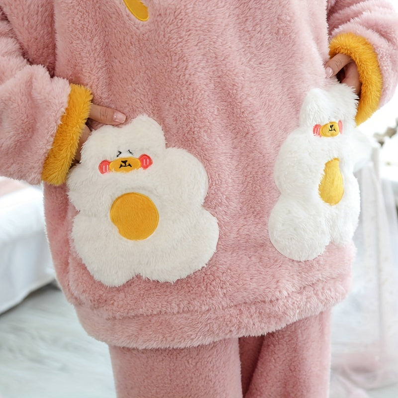 Women's Winter Furry Lamb Fur Oversized Hooded Pajamas Suit，with Cute Cartoon Letters，Comfortable and Warm Adult Homewear