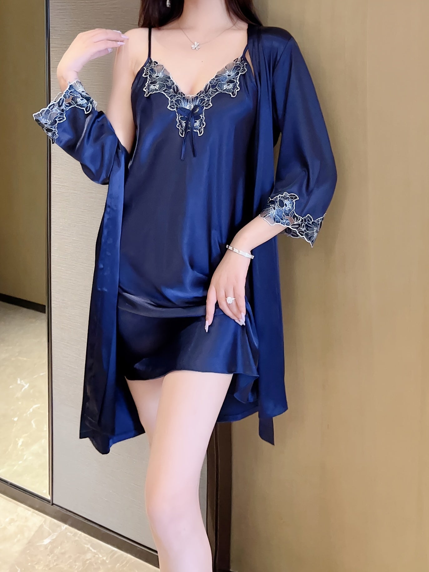 Women's Fashion Pajamas Suit with Belt - V Collar Suspender Dress&Three-Quarter Sleeve Robe，Soft Polyester Blending，Perfect Choice for Spring and Summer