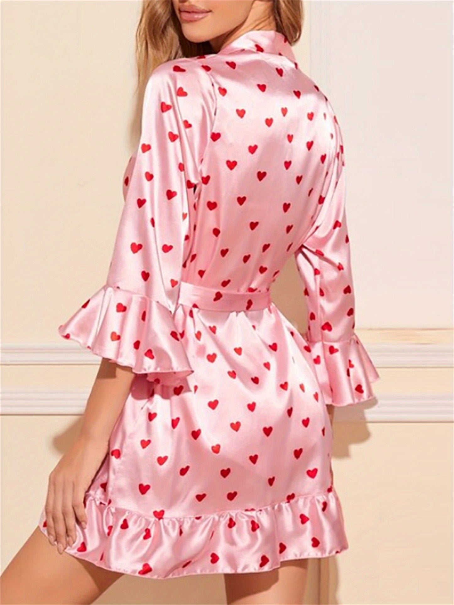 Women's Summer Pajamas Suit Lace Top with Narrow Straps with Shorts and Heart Shape Printed 3/4 Sleeve Satin Cardigan Pajamas