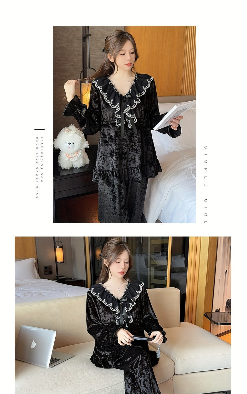 Elegant Velvet Women's Pajama Suit，Lace Trim & Removable Chest Pad - V Collar，Long Sleeve，Ruffled Hem - Spring, Autumn and Winter Perfect Choice