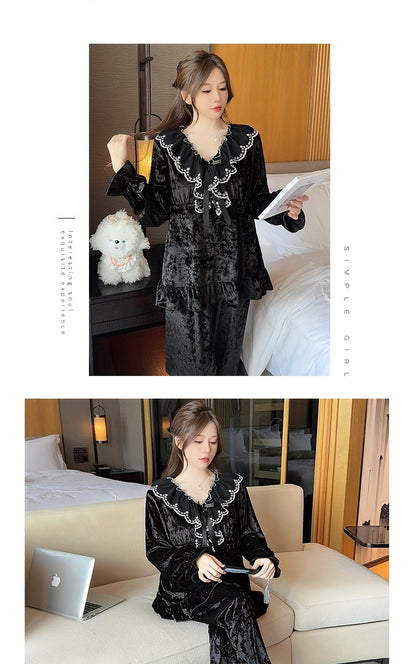 Elegant Velvet Women's Pajama Suit，Lace Trim & Removable Chest Pad - V Collar，Long Sleeve，Ruffled Hem - Spring, Autumn and Winter Perfect Choice