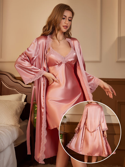 Elegant Solid Color Satin Casual Suit，Lace Decoration Long Sleeve Open Front Robe and V Collar Strap Dress，Ladies' Homewear and Pajamas