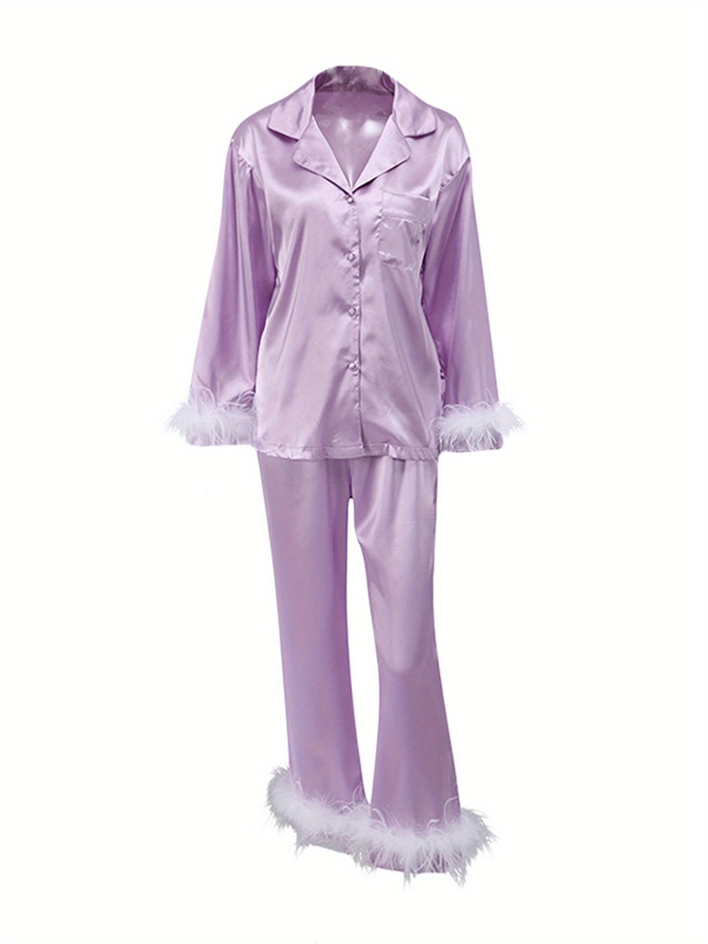 Women's Luxury Satin Pajamas Suit，with Feather Details - Long Sleeve Button Top and Elastic Belt Pants，Four Seasons Comfortable Pajamas