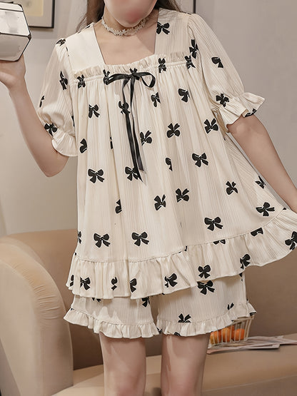 Bow Print Ribbed Frill Decorative Pajamas Suit，Sweet Puff Sleeve Bow Square Collar Top and Elastic Shorts，Women's Pajamas