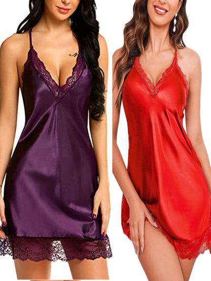 2Women's Sexy Lace Pajamas，V Collar and Satin Slip Dress and Adjustable Shoulder Strap Design，Solid Color，All-Season Pajamas，Ultimate Comfort