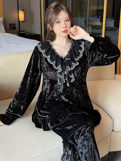 Elegant Velvet Women's Pajama Suit，Lace Trim & Removable Chest Pad - V Collar，Long Sleeve，Ruffled Hem - Spring, Autumn and Winter Perfect Choice