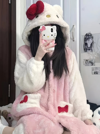 [Authorization] Sanrio Homewear Women's Plush Thickened Long Nightdress，Cinnamoroll Babycinnamoroll Coral Velvet Pajamas Long Sleeve Pajamas Thickened Thermal Coral Fleece Homewear，Sweet Cute Pajamas Outerwear Homewear Nightdress