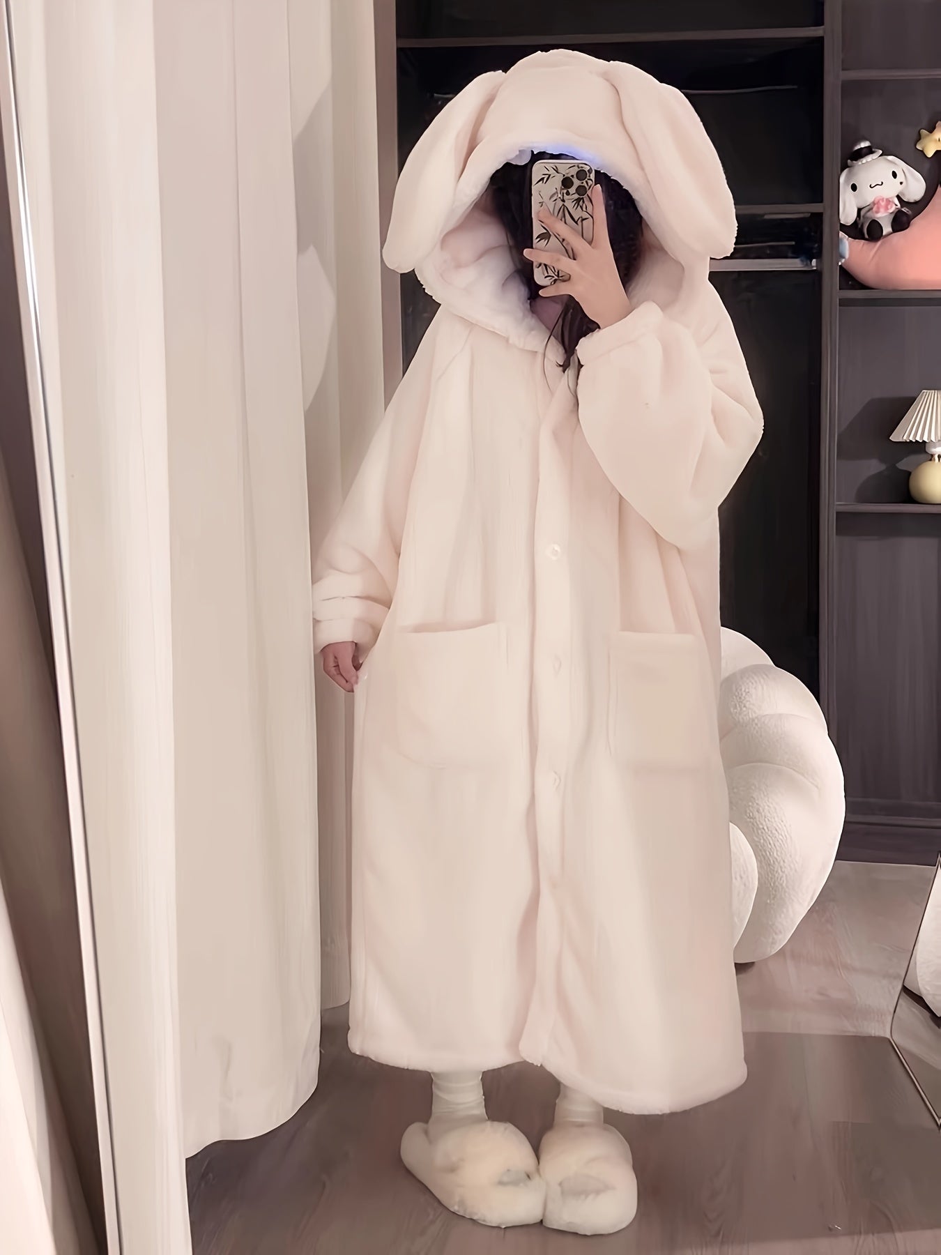 Cute Rabbit Hooded Wool Nightgown，Thick Long Sleeve Button Robe，with Pocket，Women's Pajamas and Dress