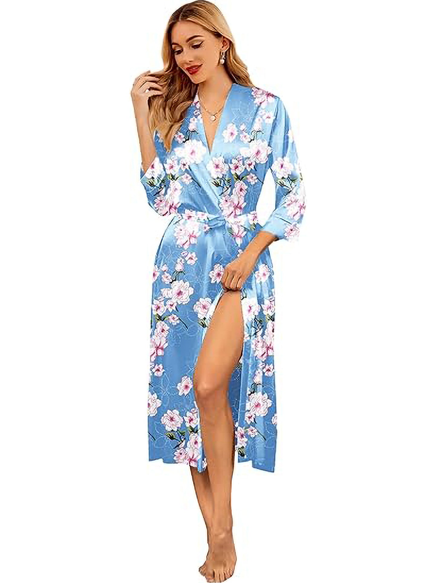 Elegant Satin Bridesmaid Robe - Long、Lightweight Sexy Belt Pocket | Deep V Collar，3/4Sleeve | Suitable for Weddings and Parties