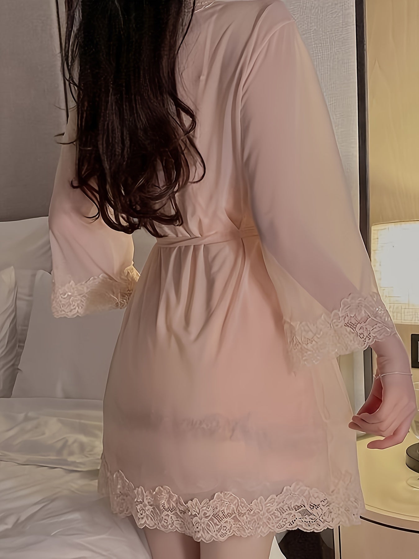 A Set of Women's Charming Mesh Stitching Pajamas，Long Sleeve Bathrobe with Belt and Lace，Hollow Vest，Shorts，Underwear - P3772