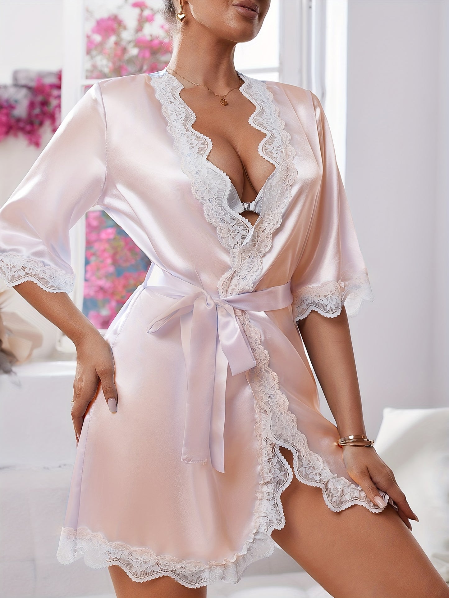 Sexy Solid Color Satin Lace Trim Nightgown，Half Sleeve with Belt V Collar Robe，Women's Pajamas and Dress