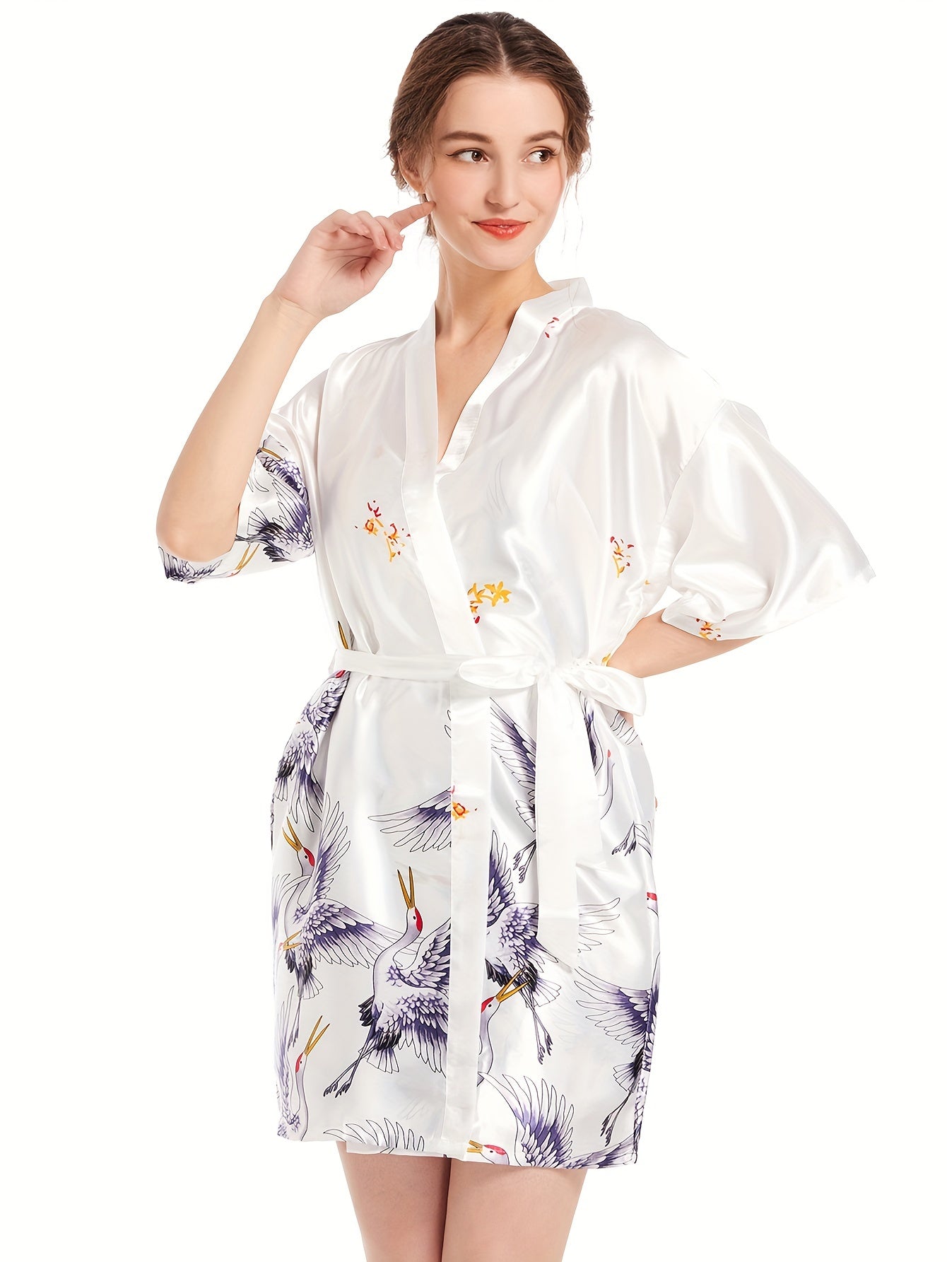 Pajamas Home Dress Arrangement Female Ethnic Crane Spring and Autumn Sexy Short Robe Two-Piece Set