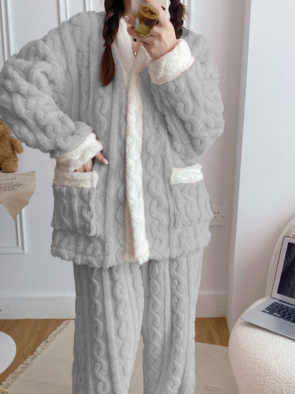 Women's Comfortable Fleece V Collar Pajamas Suit - Cute Sweet Long Sleeve Homewear with Pockets，Non-Retractable Polyester Fiber