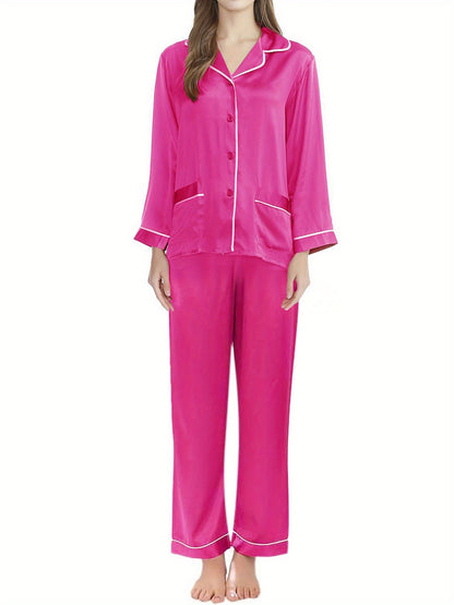 Ladies2Set Long Sleeve Button Pajamas Top Wide Leg Pants Suit Satin Nightdress PJs Homewear