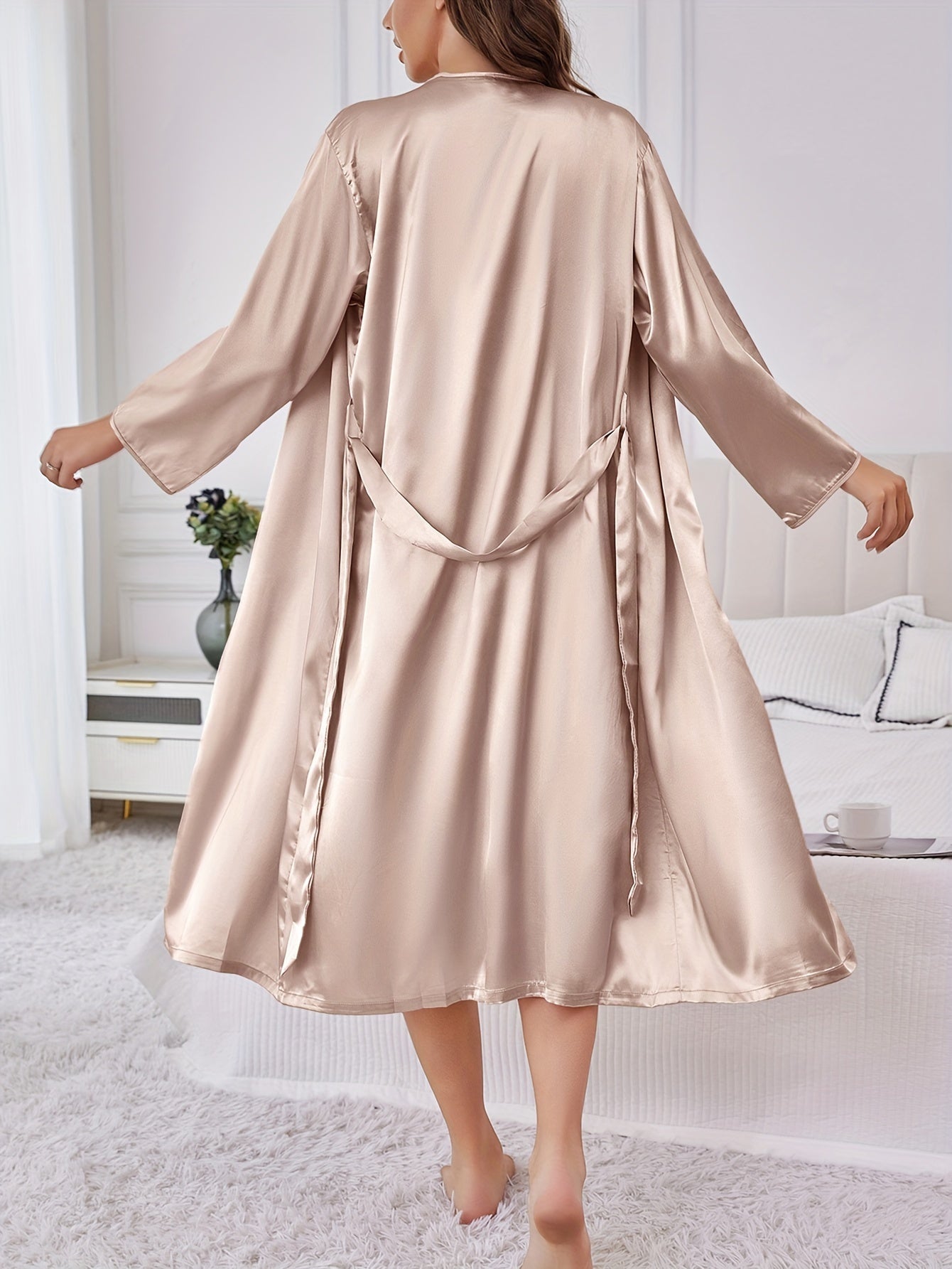 1Elegant Women's Spring and Summer Soft Silky Silk Pajamas Solid Color Sexy Loose Autumn and Winter Long Sleeve Nightgown Cool Breathable Home Clothing Suitable for Home Use