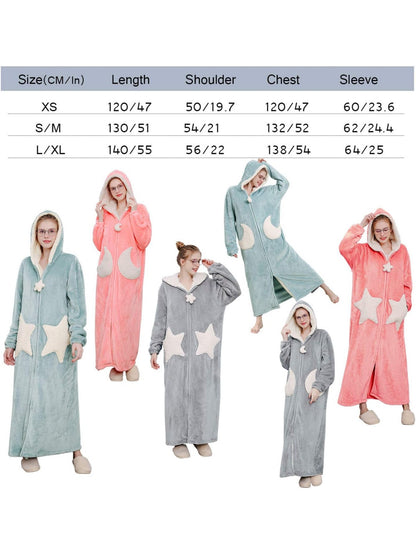 HelloMama Women's Long Pajamas Long Pajamas，Plush Thermal Pajamas with Hood and Zipper，Long Pajamas，Night Pajamas