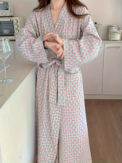 Large Size Elegant Women's Pajamas，Heart-Shaped and Plaid Printed Long Sleeves V Collar Loose Robe，with Belt，Spring and Summer，Homewear，Bathrobe