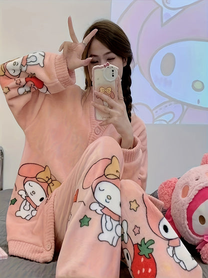 2 Set of Sanrio Authorized Cartoon Pattern Long-Sleeved Pajamas Suit，Thick Warm Loungewear，Sweet Cute Pajamas，Outerwear Homewear 2 Set