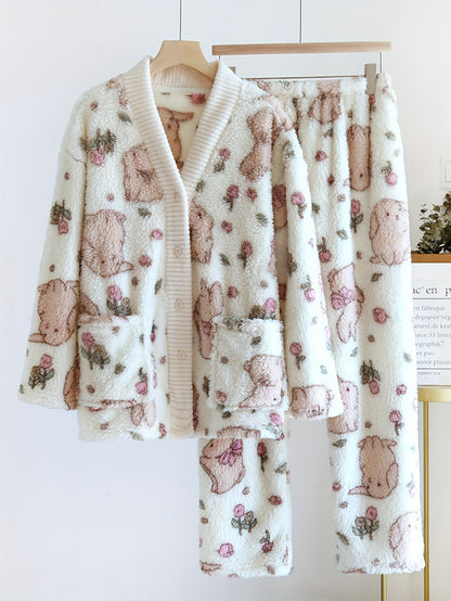 Autumn and Winter New Flannel Tulip Rabbit Cute Warm Thickened Women's Pajama Suit Homewear