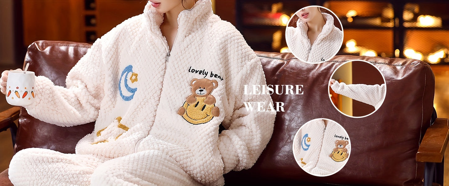 Lady Cute Bear&Moon and XINGX Pattern Wool Extra Thick Casual Suit，Long Sleeve Zipper Mock Neck Pocket Top and Pants，Comfortable and Loose Suitable for Autumn and Winter