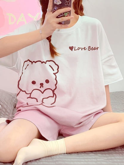 Cute Little Bear and Letter Print Gradient Loose Design Pajamas Suit，Short Sleeve round Neck Top and Elastic Shorts，Women's Pajamas