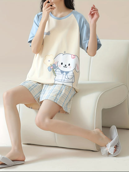 Ladies Cartoon Puppy and Floral Print Loose Pajamas Suit，Short Sleeve round Neck Top and Plaid Shorts，Comfortable Casual Style