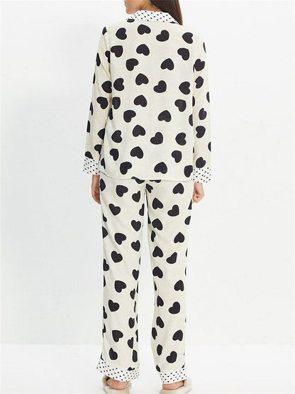 Ladies2Heart-Shaped Spotted Printed Pajamas Suit Long Sleeve Button Top Elastic Waist Trousers Pajamas Suit