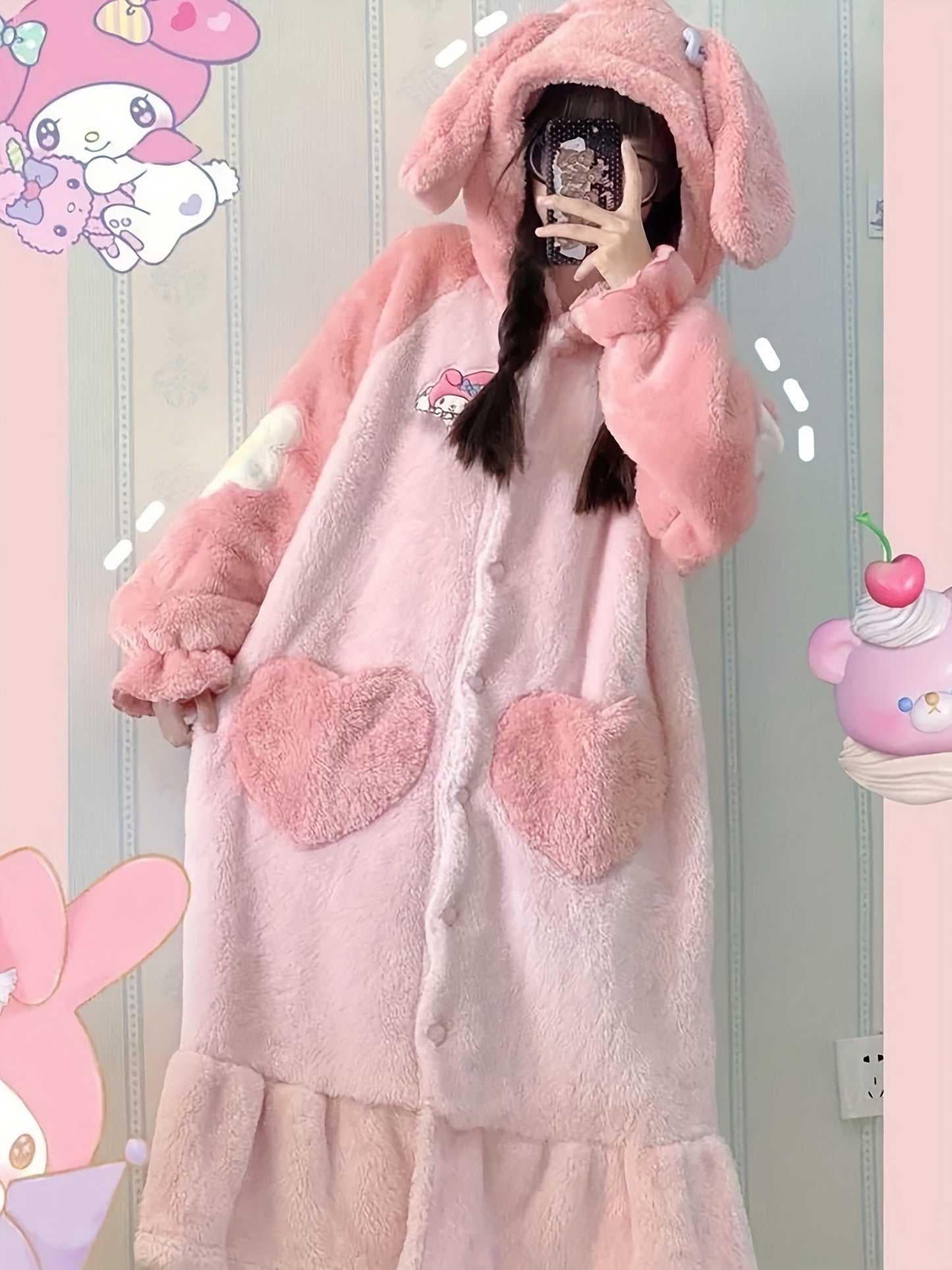 1Genuine Sanrio Melody Ladies' Robe Cute Bathrobe Hooded Plush Pajamas with Kawaii Pattern and Pants Suit Coral Fleece Warm Nightgown Thick Soft Plush Comfortable Shower Bathrobe