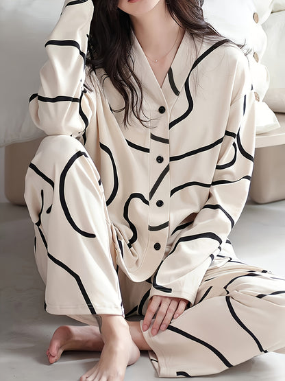 Women's Fashion Casual Set，Long Sleeve Top with Elastic Waist Pants，Casual Abstract Striped Printed Pajamas Suit Autumn and Winter