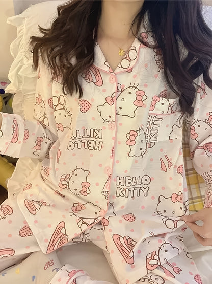 2pc Sanrio Authorization Hello Kitty Cute Fashion Long Sleeve Cardigan Pajamas Suit Casual Loose Two-Piece Suit Pajamas Suit Ladies and Girls