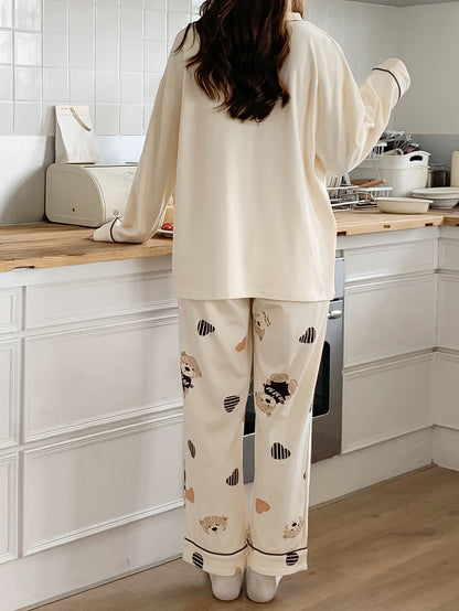 Women's Leisure V Collar Long Sleeve Pajamas Suit，Polyester Knitted Fabric，Elastic Fiber，Letter Pattern，Comfortable Casual Wear，with Pocket，Suitable for Autumn/Winter，Heart-Shaped Bear，Homewear，Two-Piece Set