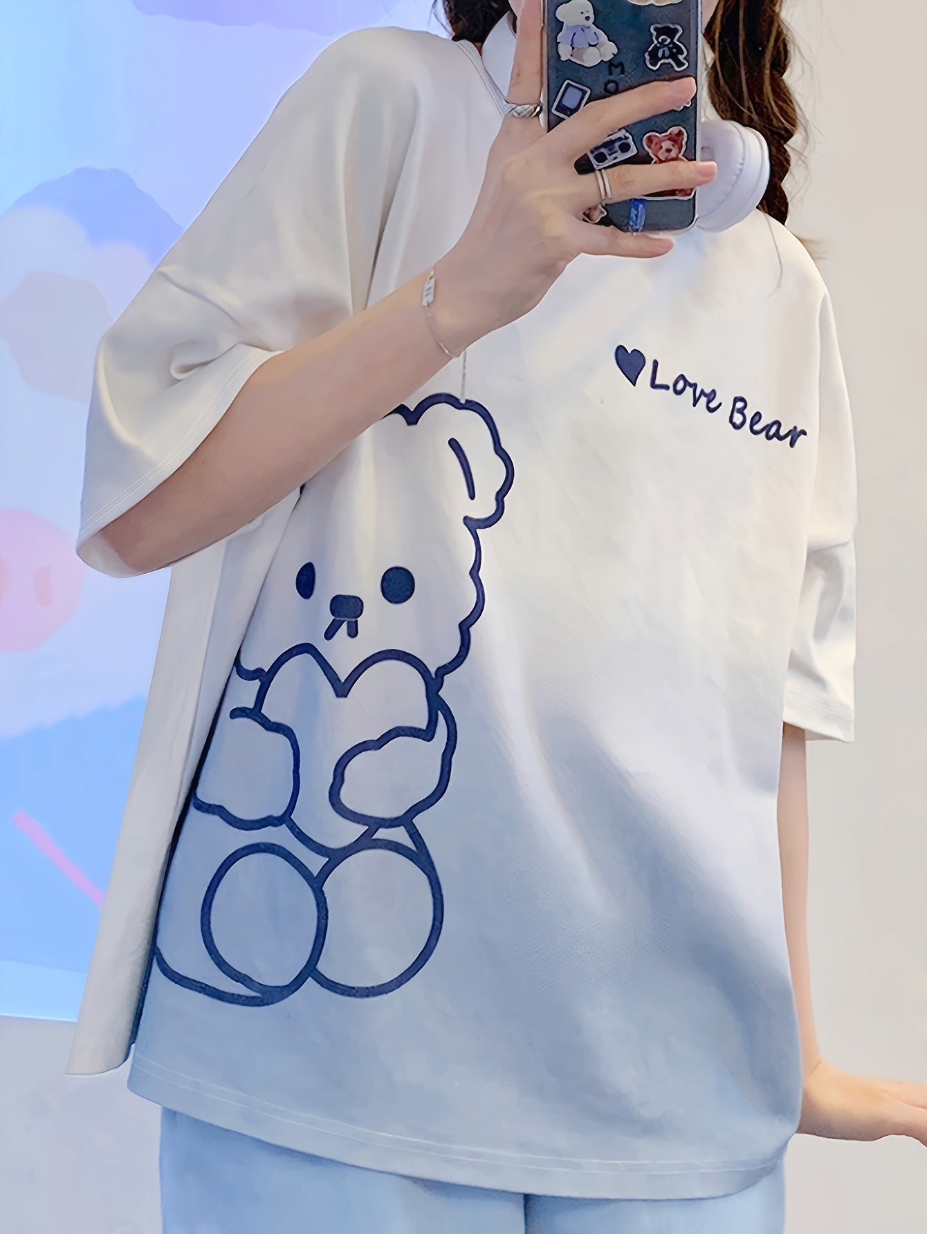 Cute Little Bear and Letter Print Gradient Loose Design Pajamas Suit，Short Sleeve round Neck Top and Elastic Shorts，Women's Pajamas