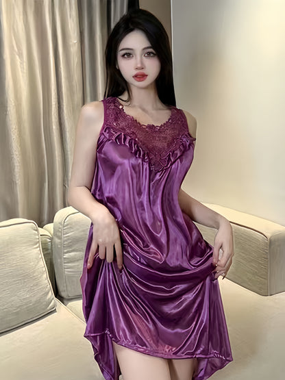 Lady Sexy Solid Color Satin Stitching Lace Pajamas Dress，round Neck Sleeveless Vest Dress，Comfortable Nightgown