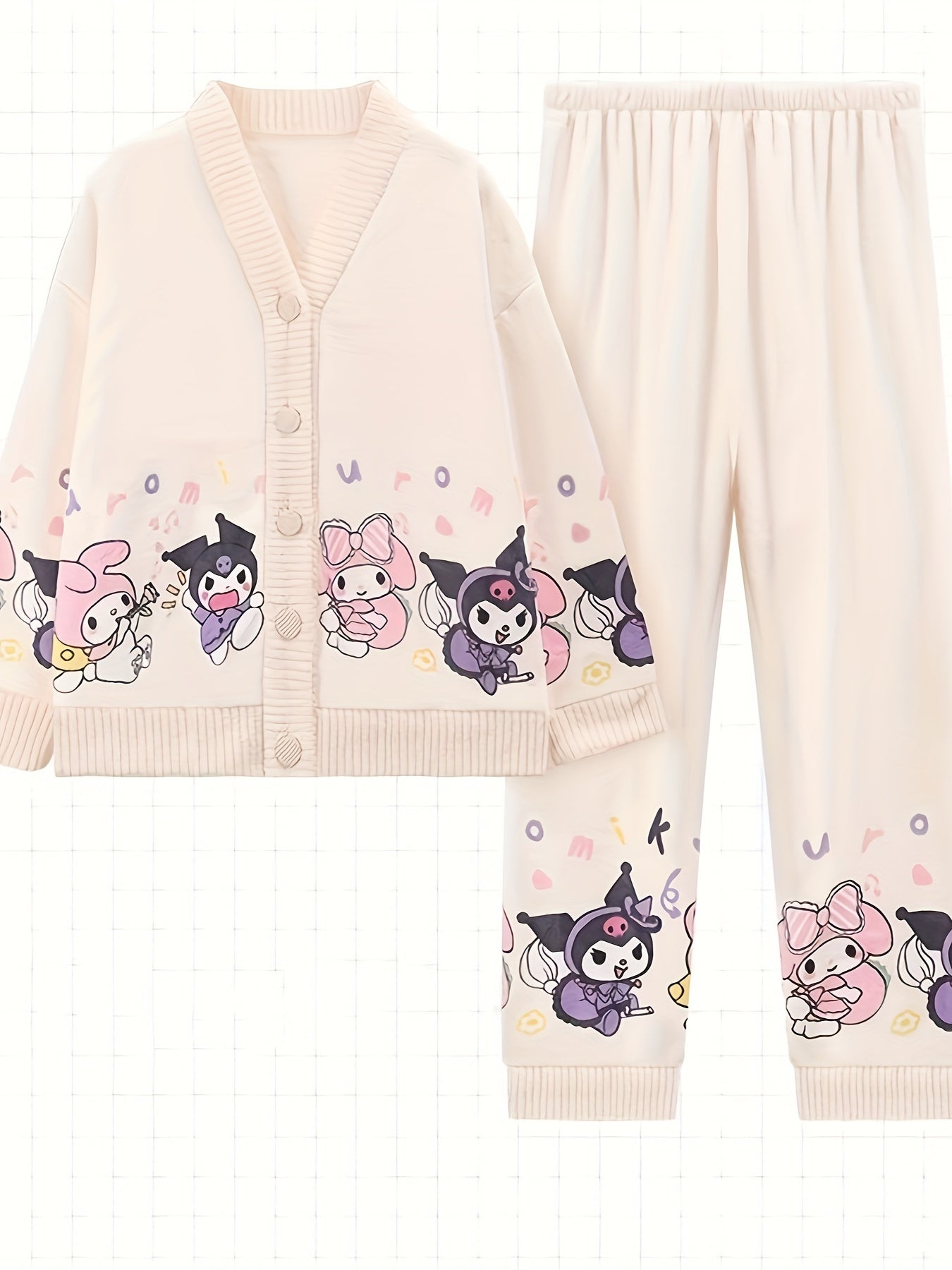 2 Set of Sanrio Authorized Cartoon Pattern Long-Sleeved Pajamas Suit，Thick Warm Loungewear，Sweet Cute Pajamas，Outerwear Homewear 2 Set