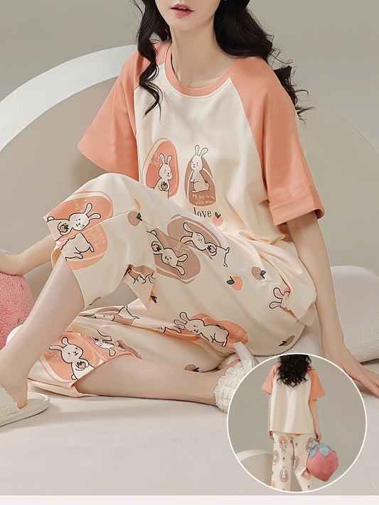 Women's Cartoon Pajamas Suit - Comfortable Polyester Blending，Short Sleeve and Shorts，Round Neck Pullover - Perfect Choice for Summer Home Wear