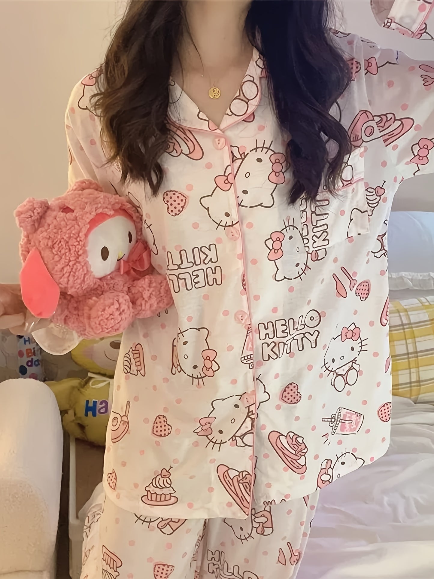 2pc Sanrio Authorization Hello Kitty Cute Fashion Long Sleeve Cardigan Pajamas Suit Casual Loose Two-Piece Suit Pajamas Suit Ladies and Girls