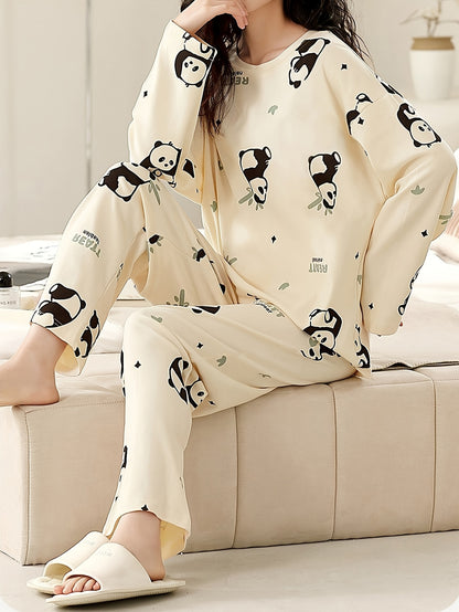 Cute Panda and Casual Suit Printed with Letters：Long Sleeve Round Neck Top and Pants，Autumn and Winter New Ladies' Homewear and Pajamas