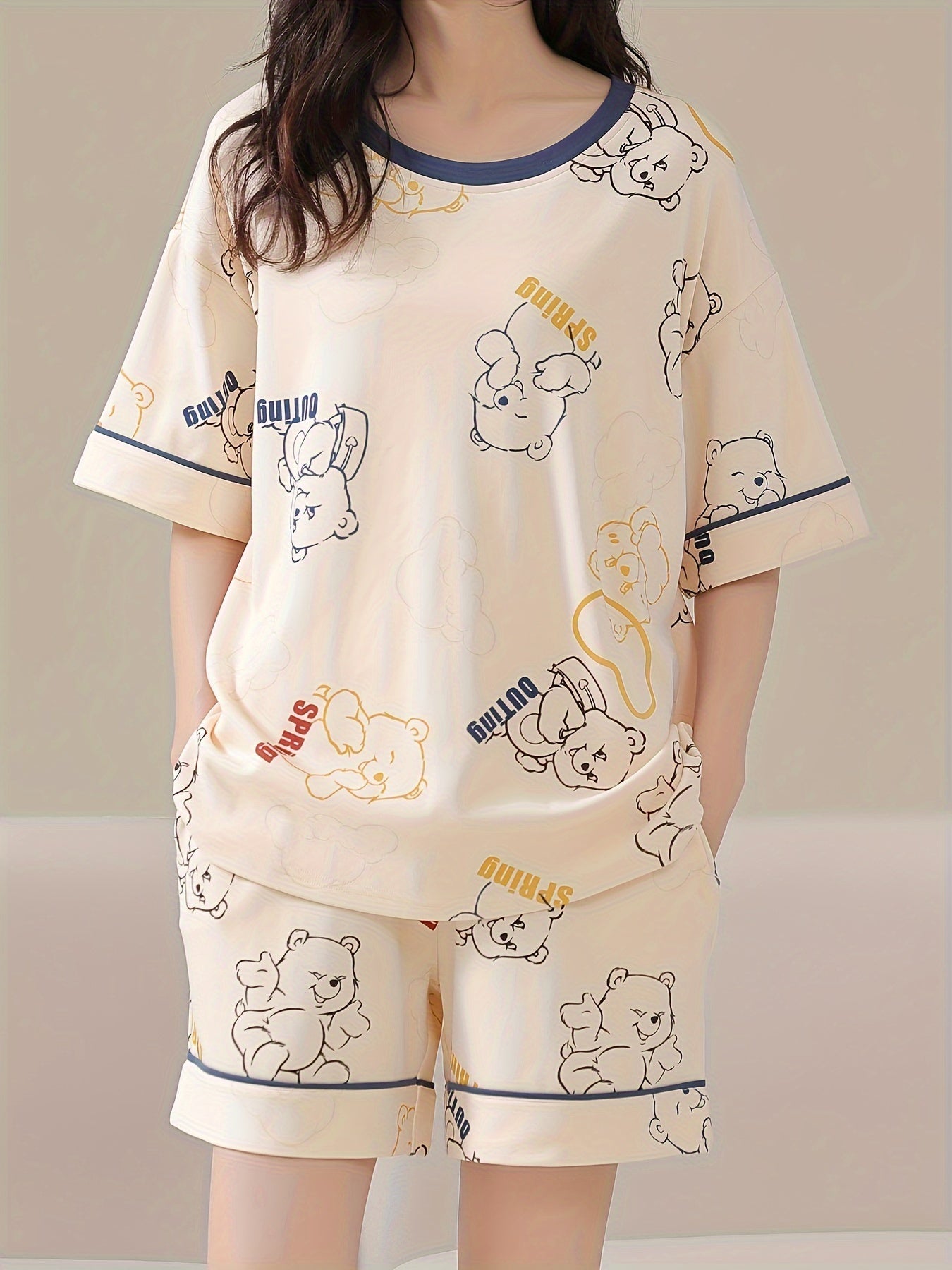 Women's Cute Bear and Letter Print Loose Design Pajamas Suit，Short Sleeve round Neck Top and Shorts，Comfortable Loose Design