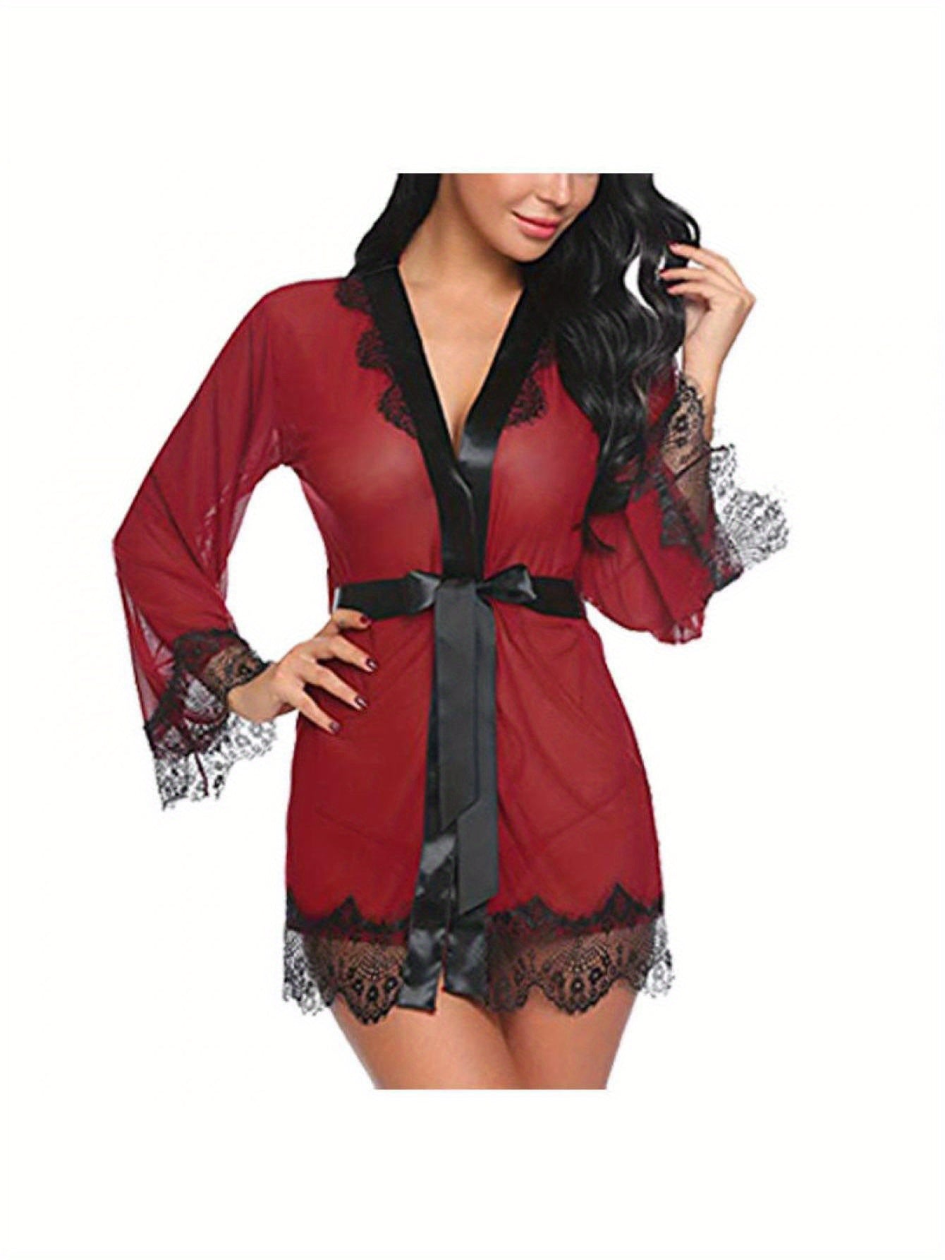 Fashion Women's Satin Lace Nightdress - V Collar，Slim Strap Belt Details，Translucent Pajamas