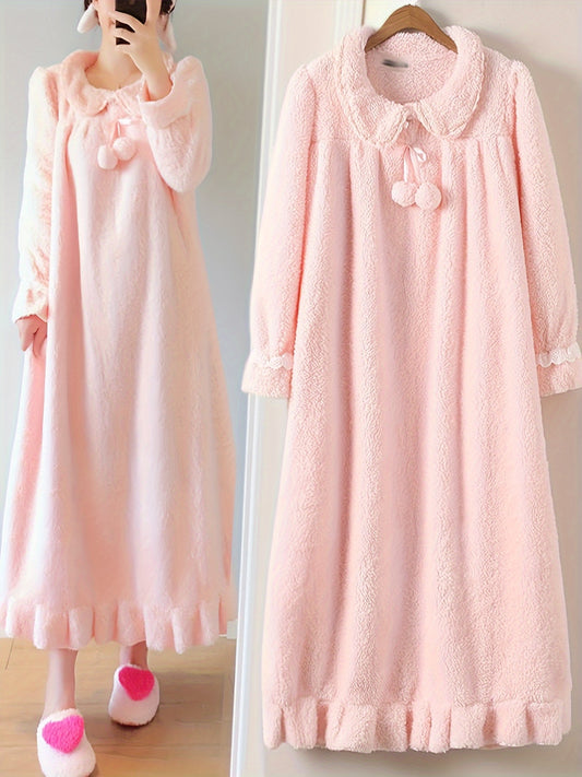 Women's Sweet Solid Color Plush Ruffled Pajamas Dress，Long Sleeve Bowknot Decorative Lapel Dress，Autumn and Winter Comfortable Pajamas