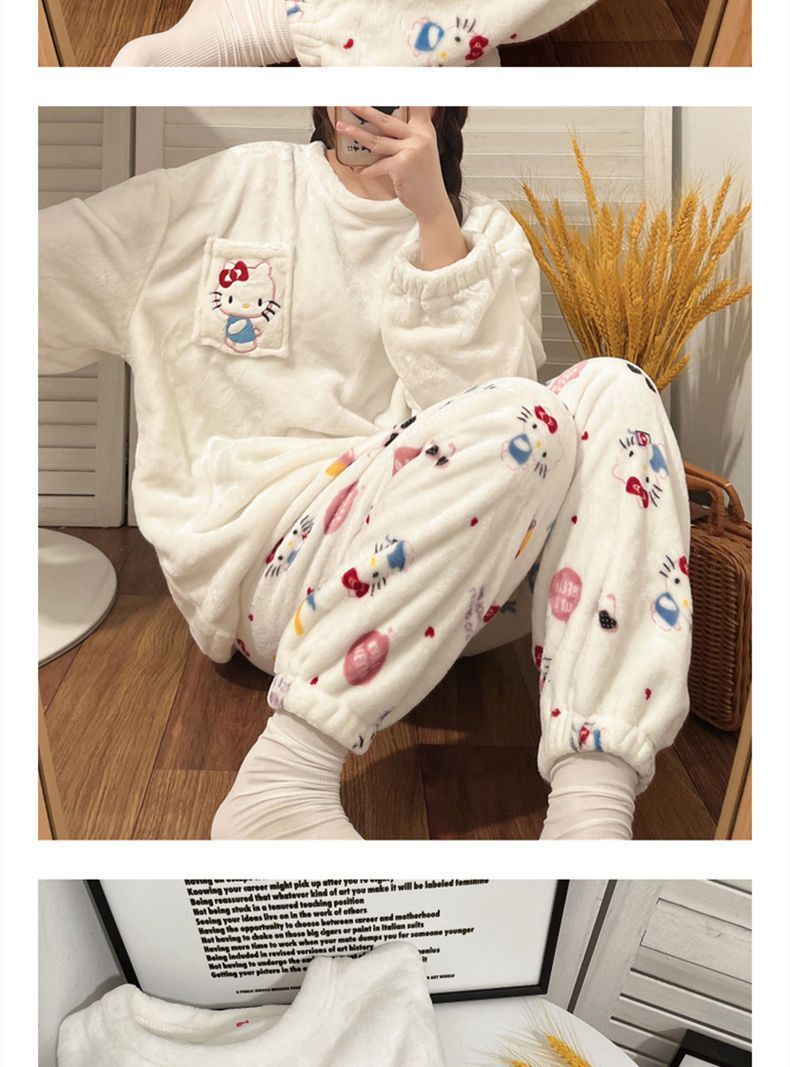 Ladies Hello Kitty Flannel Pajamas Suit，Casual round Neck，Polyester Knitted Fabric，Cartoon Pattern Casual Wear，Thick Plush Two-Piece Year-round Pajamas。