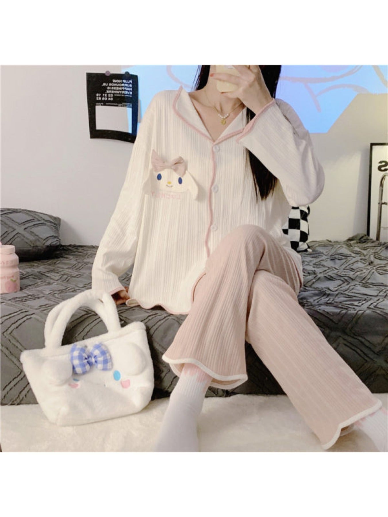 2Pieces Sanrio Women's pajama suit，Sweet Lapel Long Sleeve Top with Bowknot and Embroidered Dog，Solid Color Polyester Knitted Fabric，Trousers，Spring and autumn pajamas