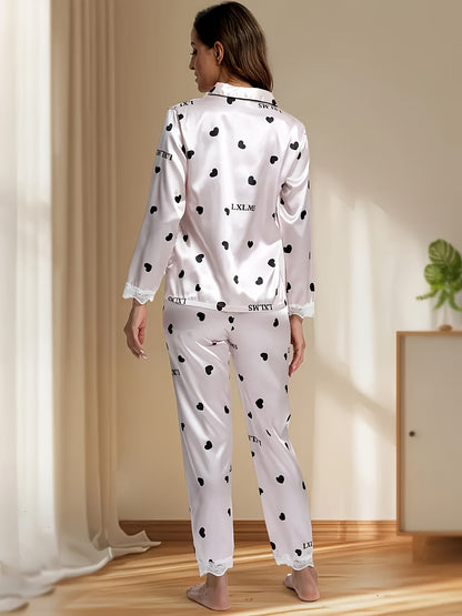 Elegant Heart Shape Printed Women's Pajamas Suit - Long Sleeve Button V Collar Lace Decorative Pajamas