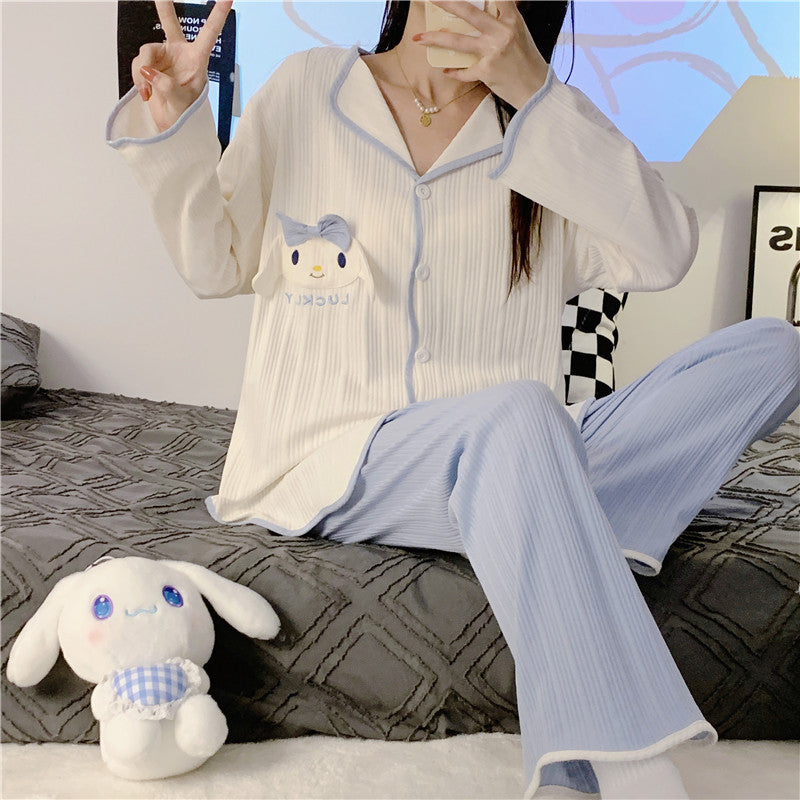 2Pieces Sanrio Women's pajama suit，Sweet Lapel Long Sleeve Top with Bowknot and Embroidered Dog，Solid Color Polyester Knitted Fabric，Trousers，Spring and autumn pajamas