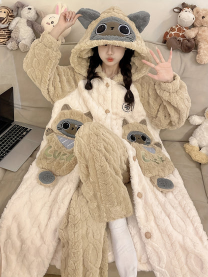 Women's Pajamas Flannel Suit Two-Piece Robe Mid-Length Autumn and Winter Thickening Thermal Long Sleeve Hooded Cartoon Little Fox Cat