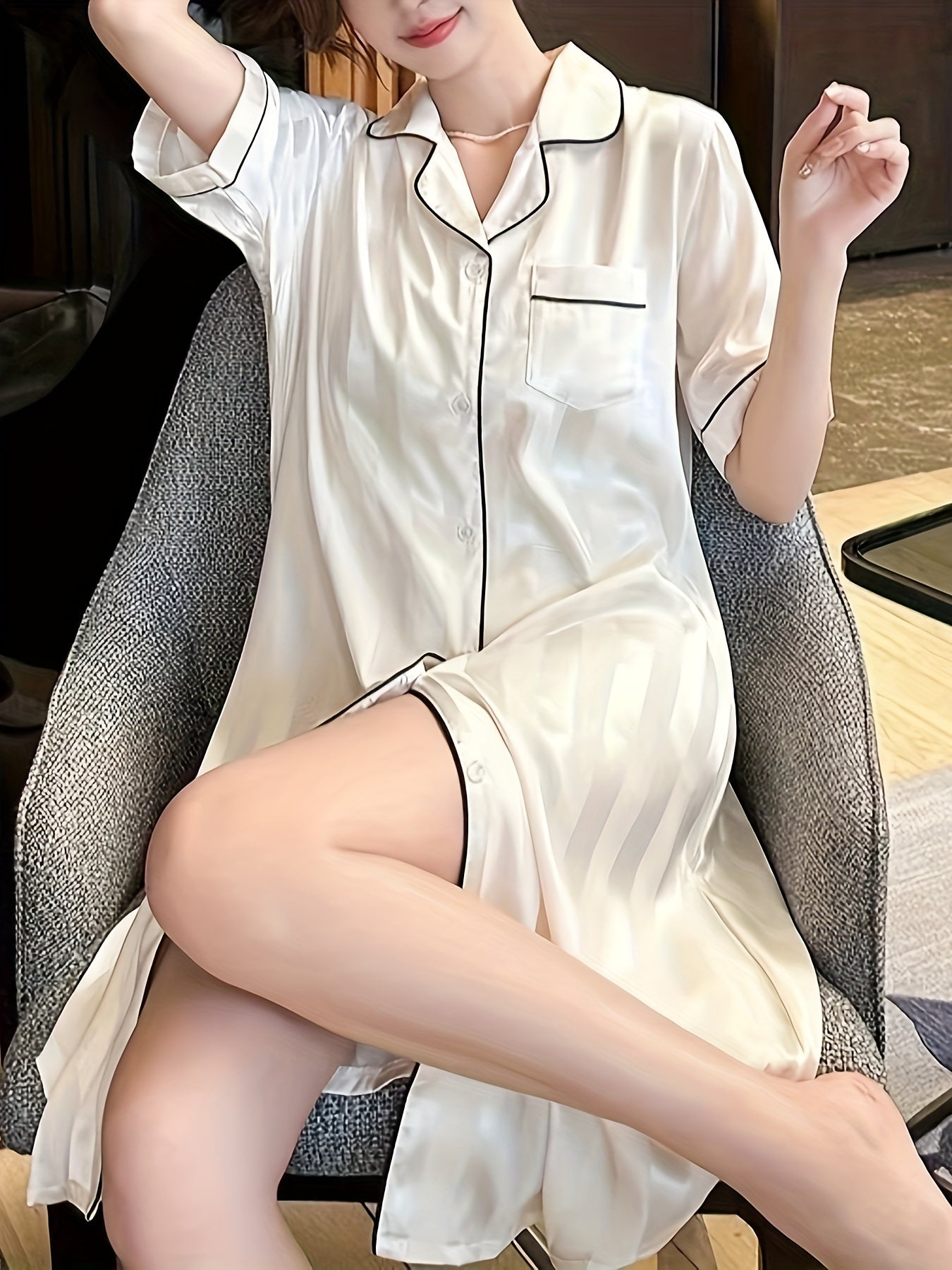 Women's Elegant Striped Satin Pajamas Dress，Short Sleeve Button Lapel Shirt Dress，Comfortable Pajamas