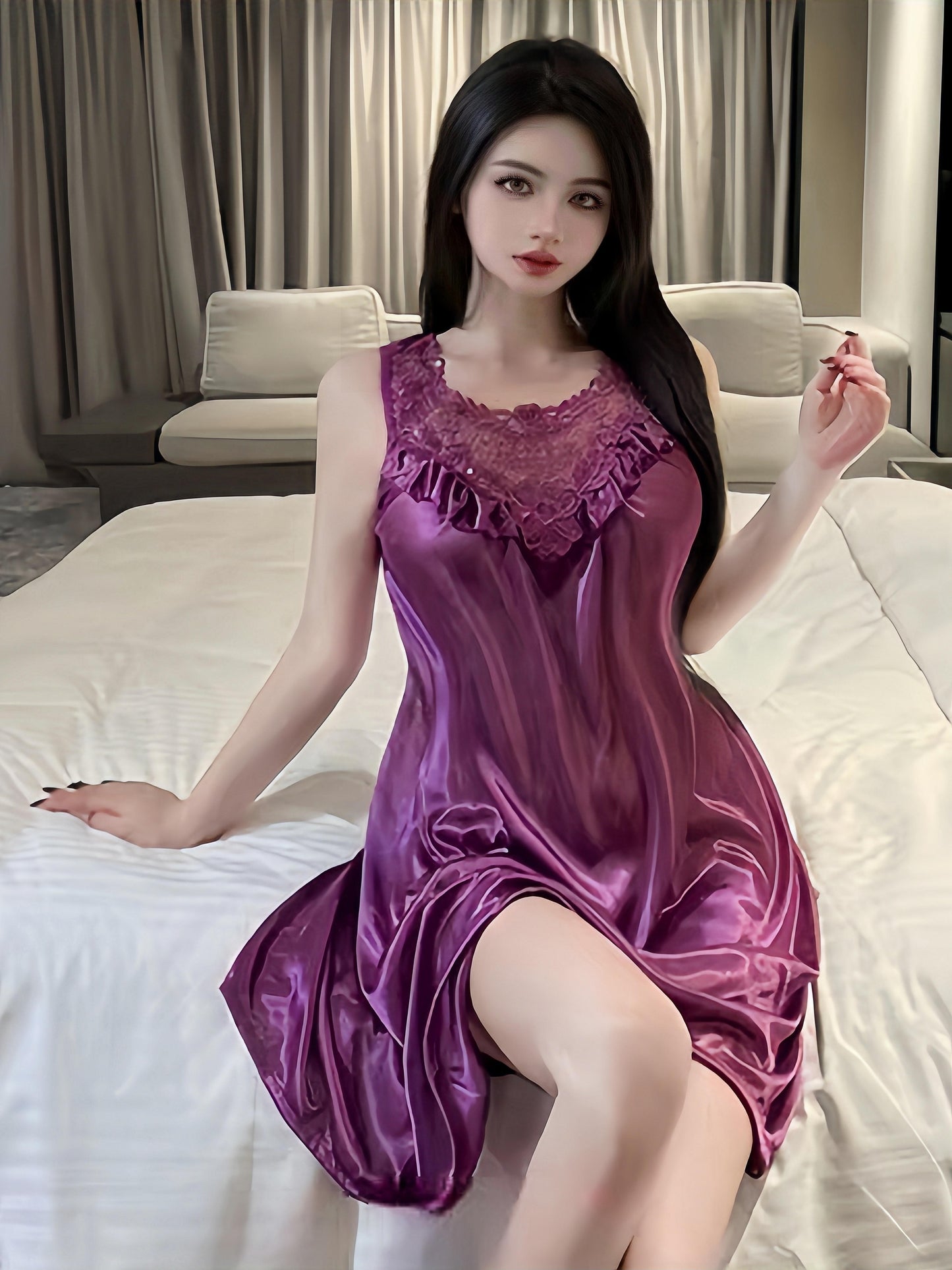 Lady Sexy Solid Color Satin Stitching Lace Pajamas Dress，round Neck Sleeveless Vest Dress，Comfortable Nightgown